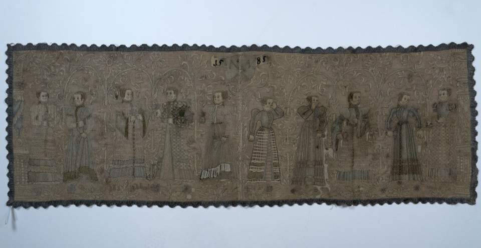 Wandbehang mit Leinenstickerei, Bildstickerei