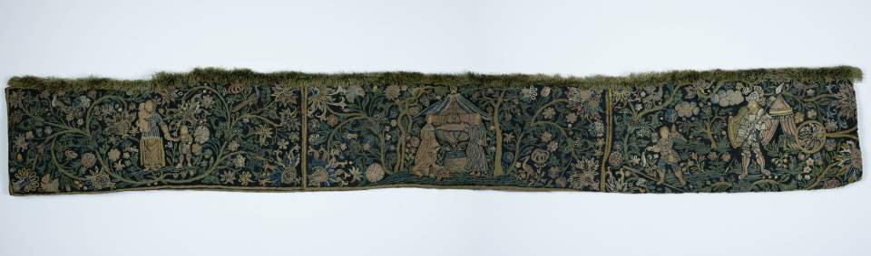 Rücklaken oder Himmelbettbehang mit Wollstickerei, Bildstickerei, Nadelmalerei