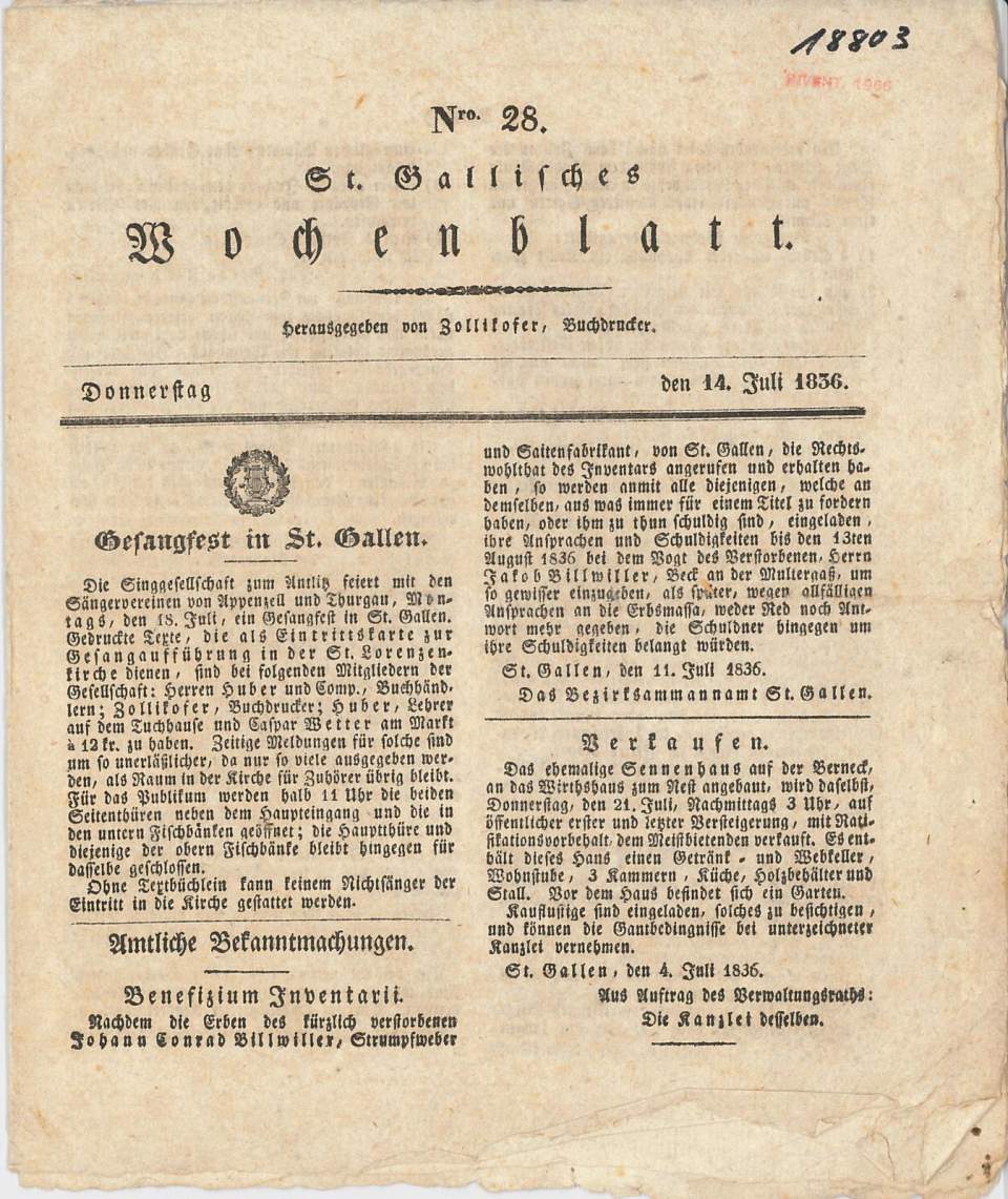 Zeitung, St.Gallisches Wochenblatt Nr. 28 (14.07.1836)