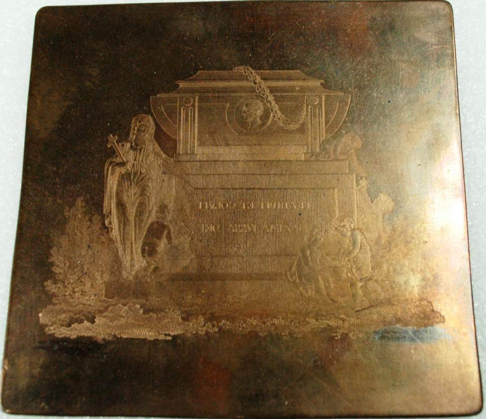 Kupferstichplatte, Denkmal mit Götin und Kindern