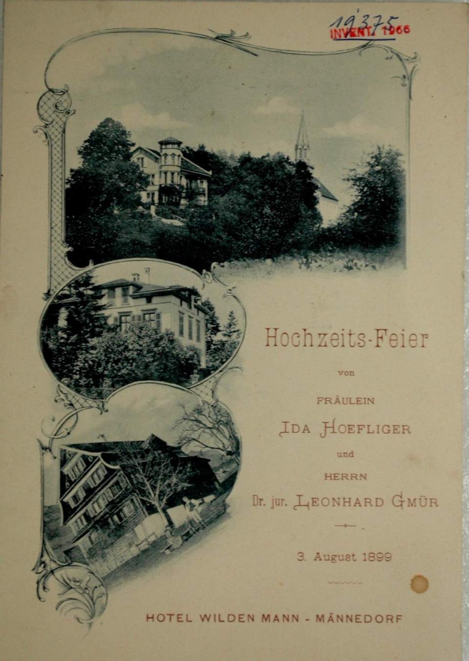 Lithogr. Menukarte von der Hochzeit Gmür-Häfliger