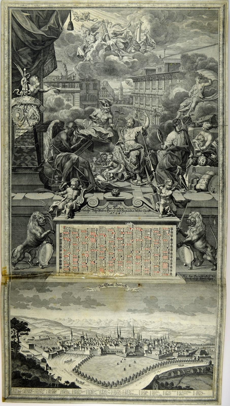 Die Stadt Zürich mit Plakatkalender für 1724, mit allegorischen Figuren