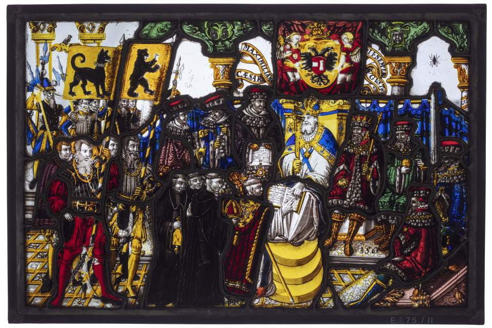 Wappenscheibe von Kaiser Maximilian II, der Abtei St.Gallen und des Toggenburgs (Belehnung von Abt Otmar Kunz durch Kaiser Maximilian II. mit den Regalien), Glasgemälde