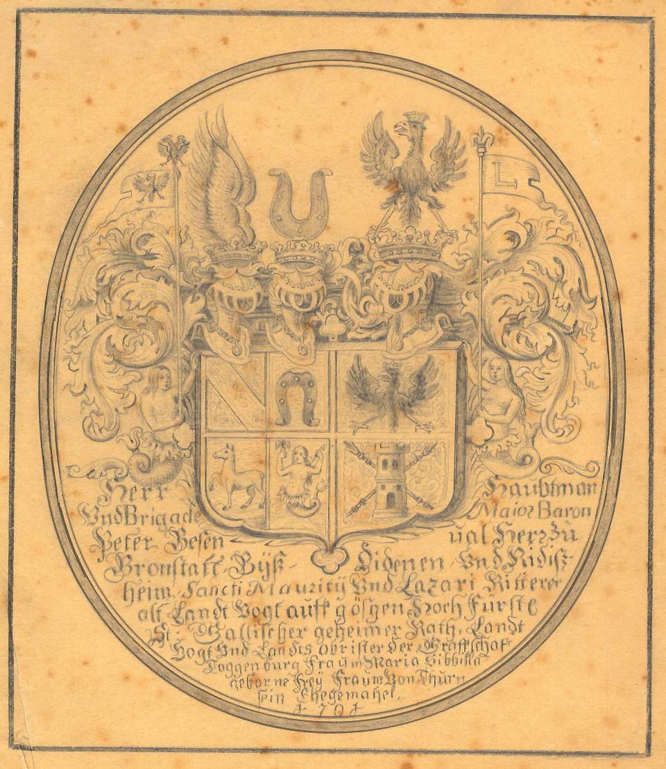 Scheibenriss für Wappenscheibe für Peter Besenual und Maria Sibbilla Freyfrau von Thurn