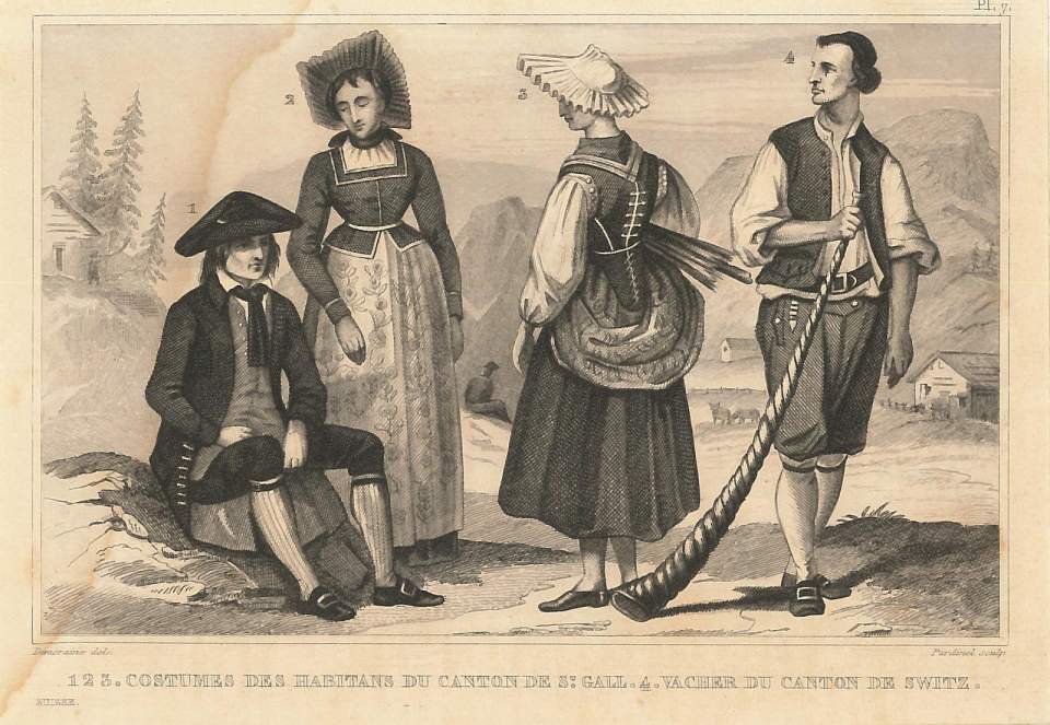 Darstellung von Trachten "Costumes des Habitants du Canton de St. Gall"