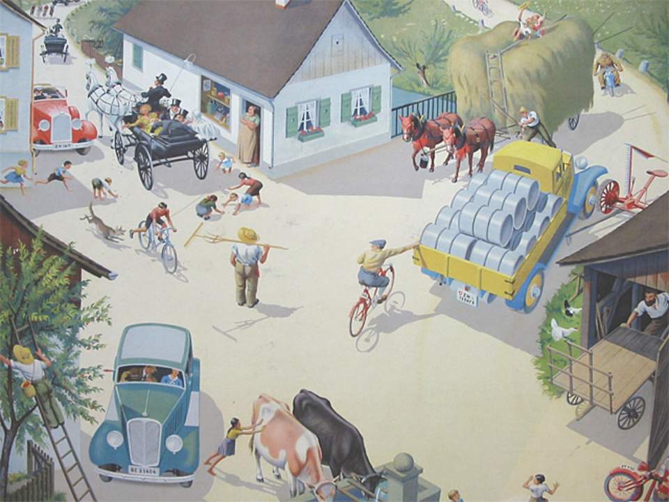 Schulwandbild mit Strasse auf dem Land