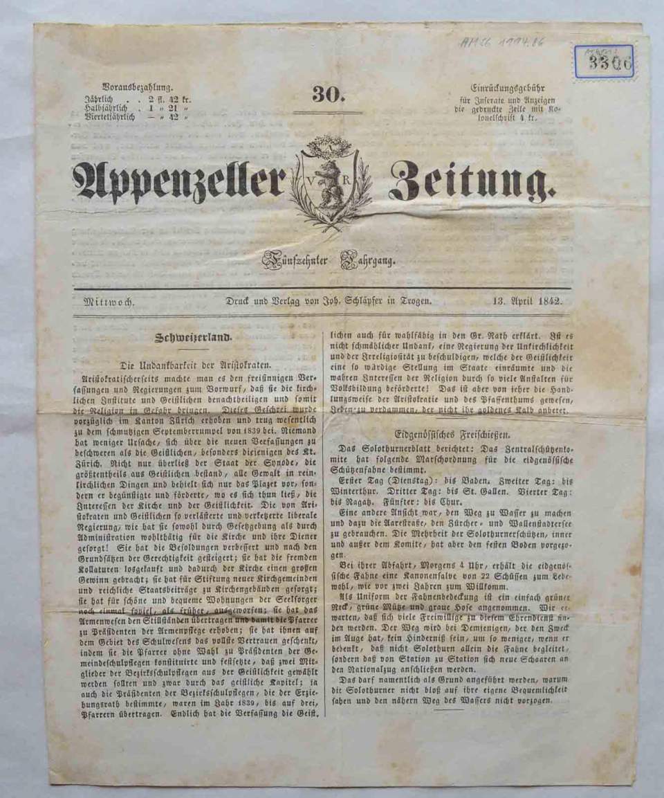 Zeitung, Appenzeller Zeitung, 13. April 1842