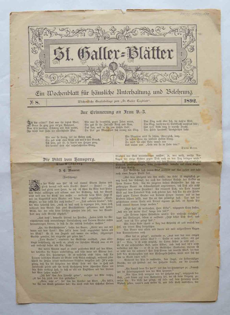 Zeitung, St. Galler-Blätter, 1892/8