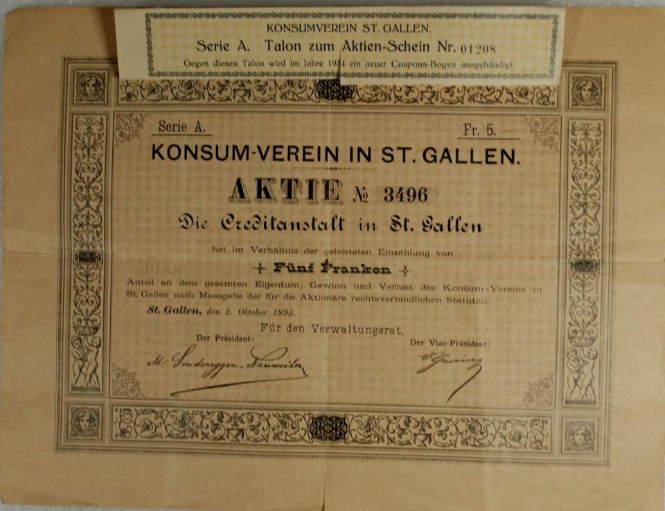 5 Franken-Aktie des Konsumvereins St. Gallen