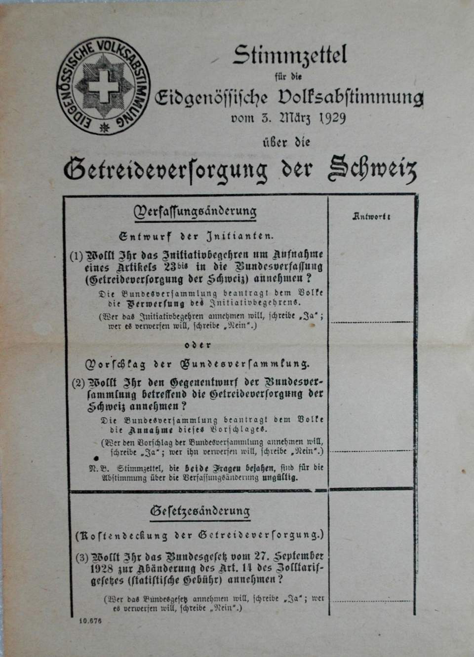 Stimmzettel für die Eidgen. Volksabstimmung