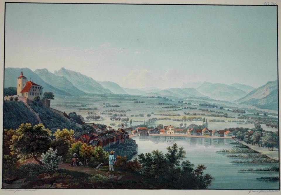 Grafik, Ansicht von Werdenberg, Rheintal, Sicht aus Süden