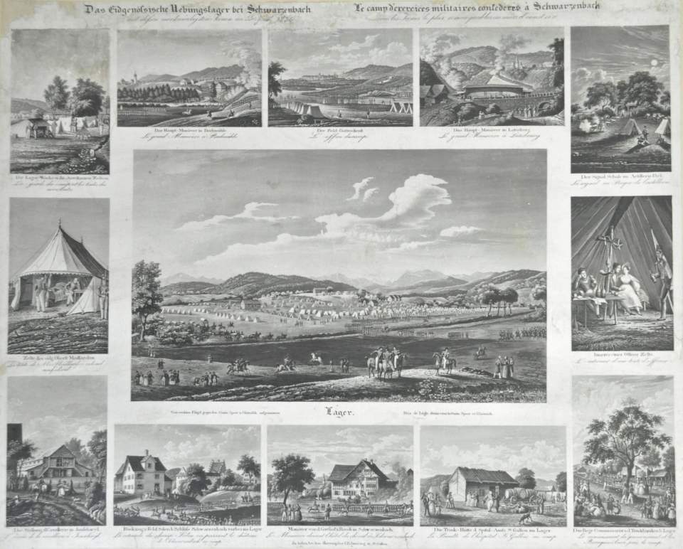 Grafik, Ansicht vom Eidgenössischen Übungslager 1836 bei Schwarzenbach