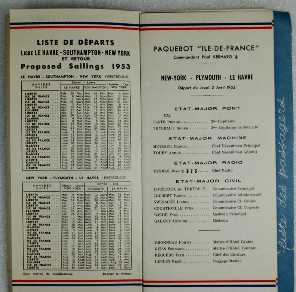 Passagierliste (Reise: Le Havre - Southhampton - New York) 1953