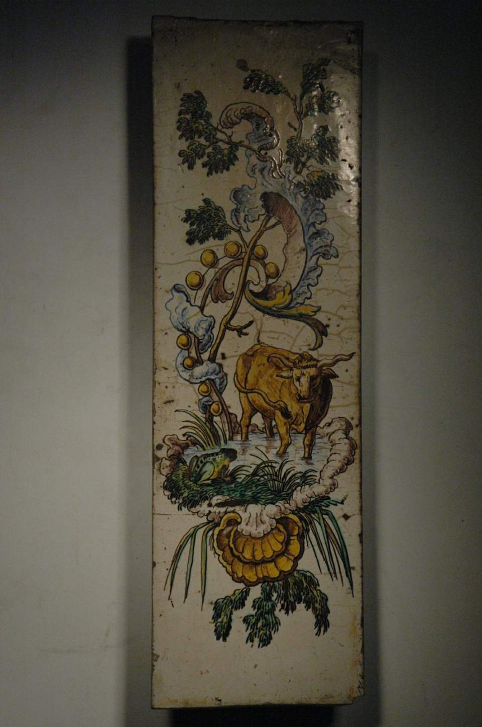 Ofenkachel, Tierfabel (Frosch mit Ochse, der in einem Teich steht), Lisene