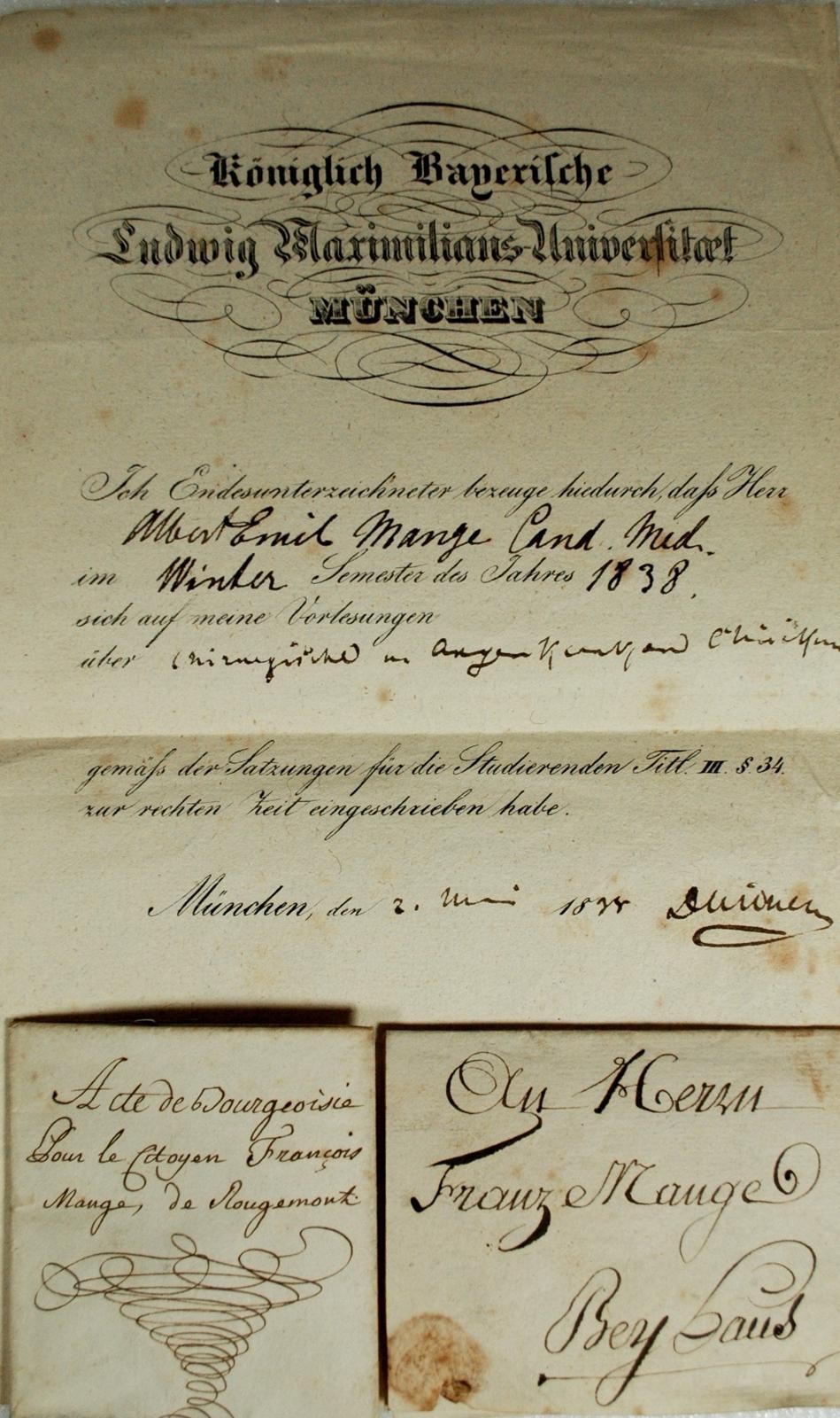 Akten von Franz Mange und Sohn Albert Emil Mange: Heimatschein, Taufregisster, Ehebewilligung, Zeugnisse, Diplome etc.