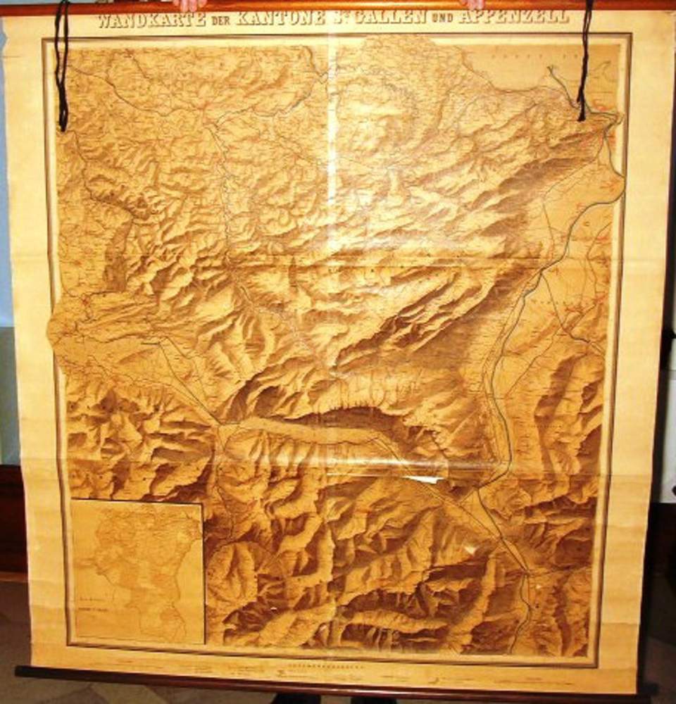 Schulwandbild, Wandkarte der Kantone St. Gallen und Appenzell