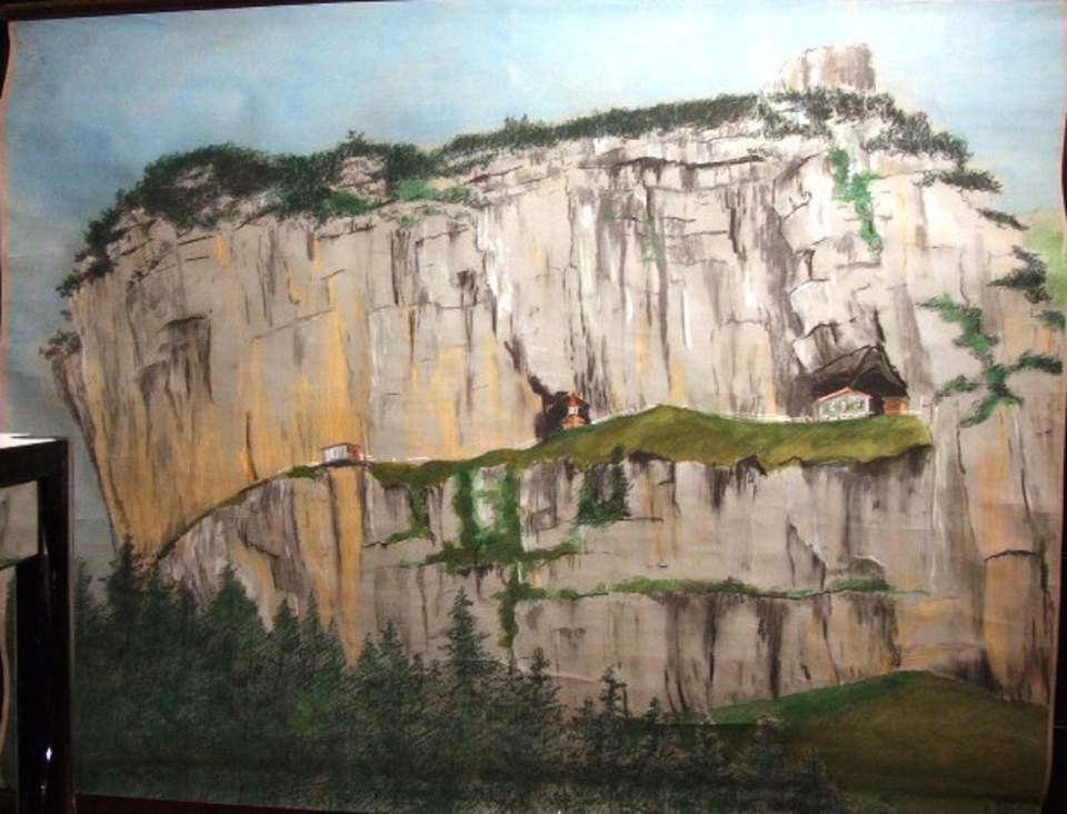 Schulwandbild, Kreidezeichnung "Wildkirchli, Äscher"