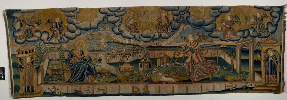 Altar- oder Wandbehang mit Bildstickerei aus dem Marienleben, Tapisserie, Antependium, Bildteppich