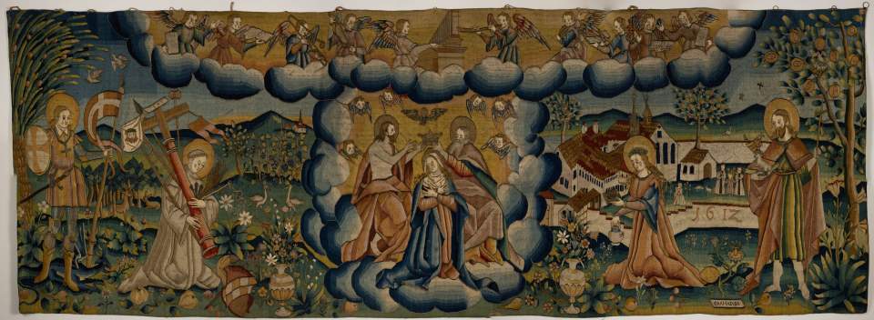 Altar- oder Wandbehang mit Bildwirkerei aus dem Marienleben, Tapisserie, Antependium, Bildteppich