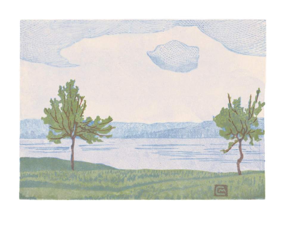 Farbholzschnitt "Morgen am See" / Handdruck Nr. 1