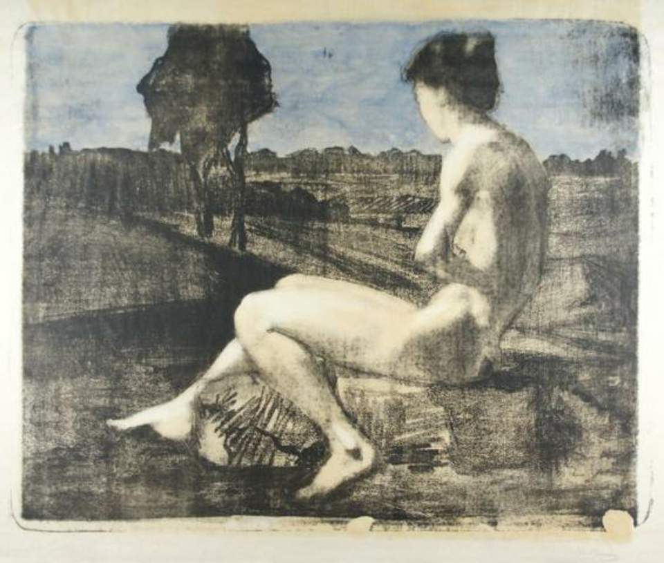 Lithographie "Sitzender Frauenakt in Landschaft"