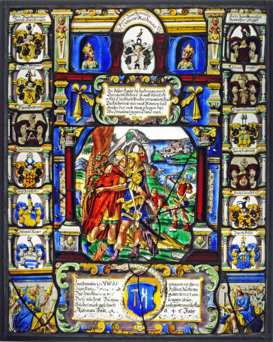 Zunftscheibe der Schmiedezunft St.Gallen mit Wappen des Zunftmeisters Othmar Rietmann, Glasgemälde