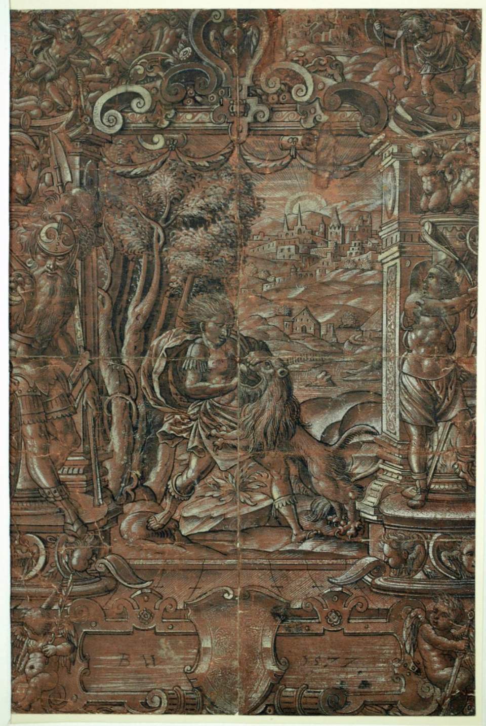 Scheibenriss für Wappenscheibe mit Simsons Kampf mit dem Löwen