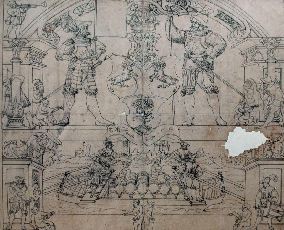 Scheibenriss für Wappenscheibe Z. M. Bucher und Standeswappen von Schaffhausen