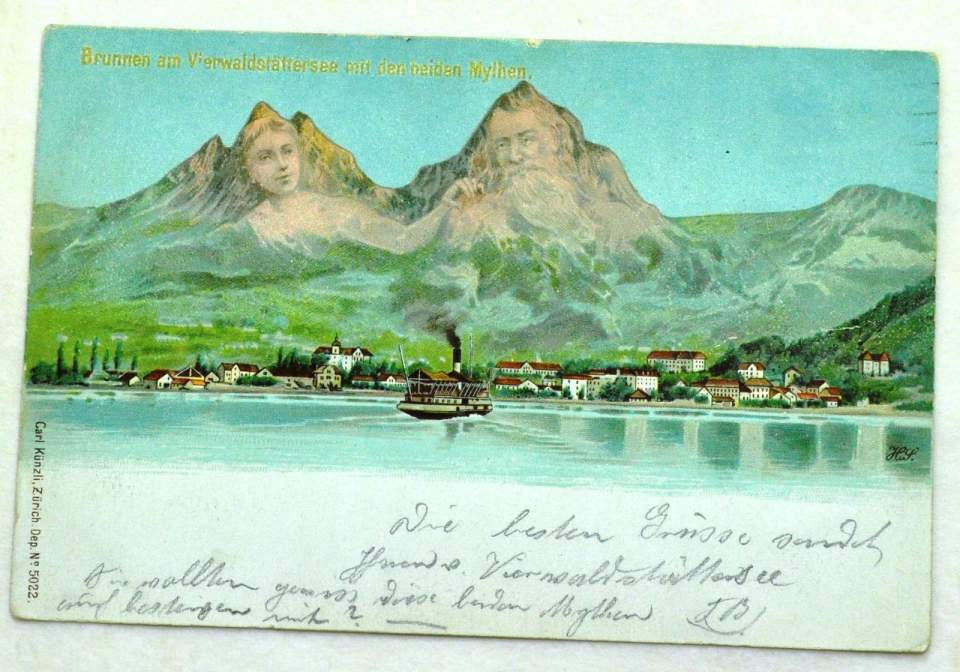 Postkarte Mythen Schwyz, Brunnen am Vierwaldstättersee