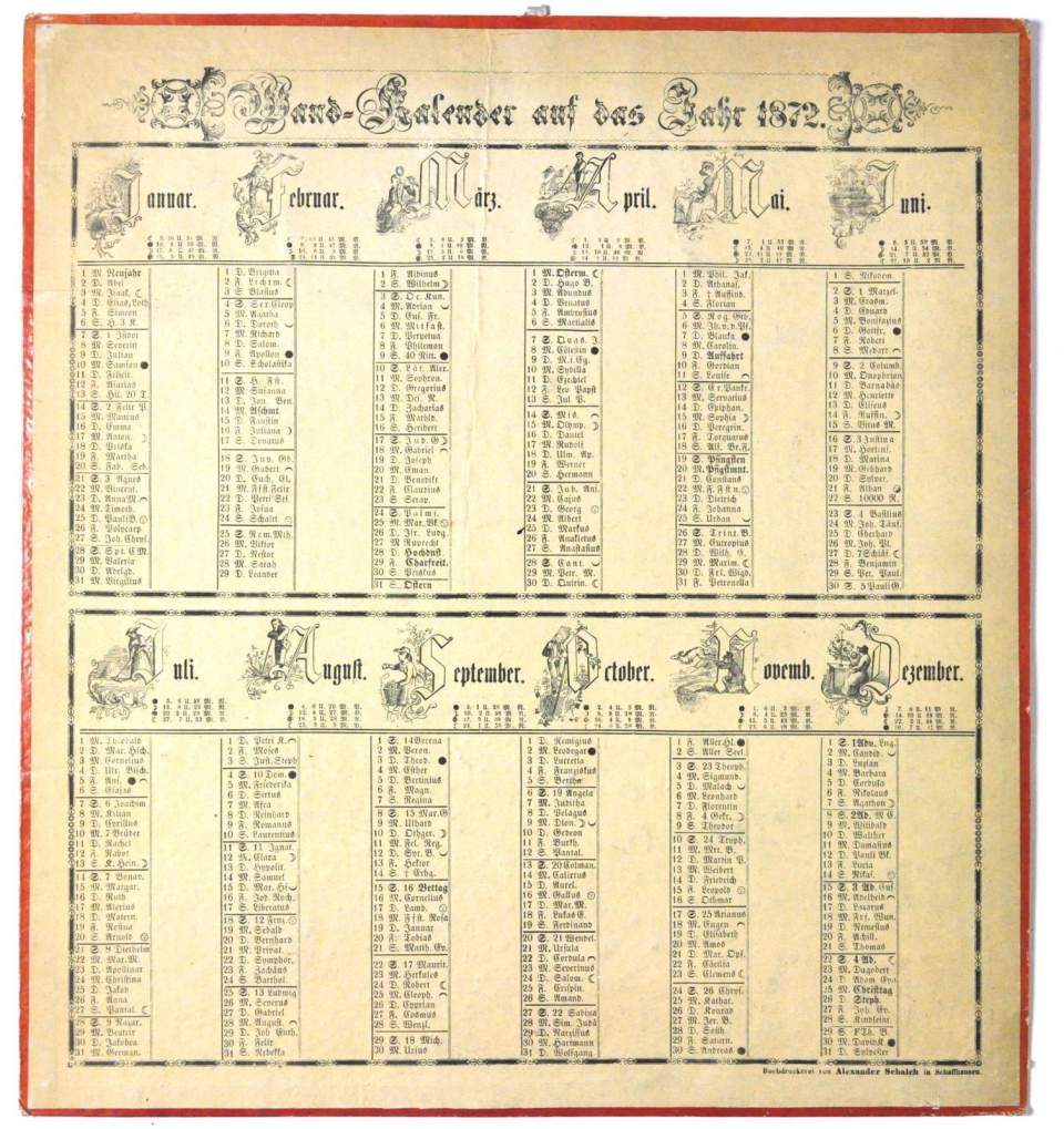 Wandkalender auf das Jahr 1872