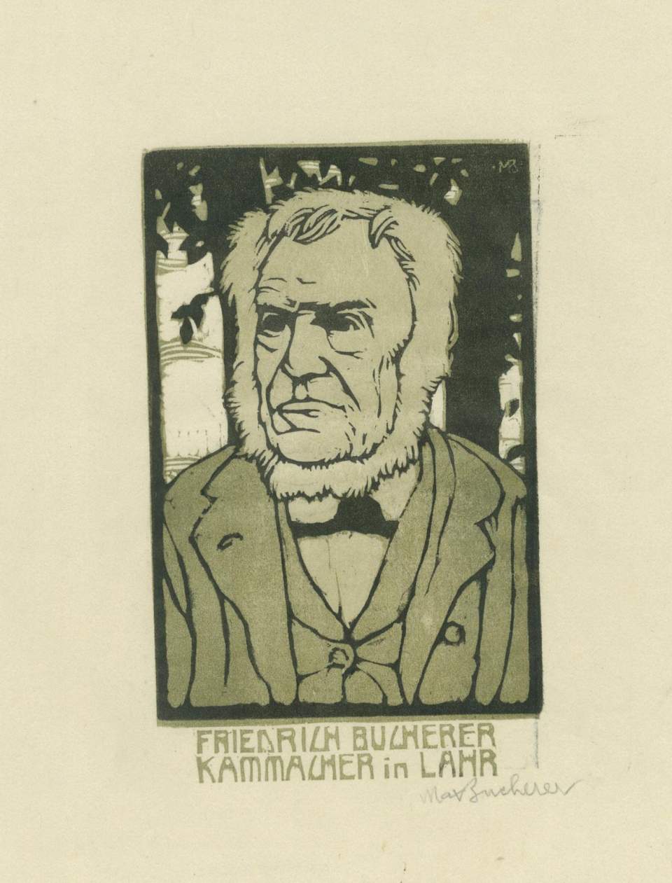 Farbholzschnitt "Friedrich Bucherer Kammacher in Lahr"