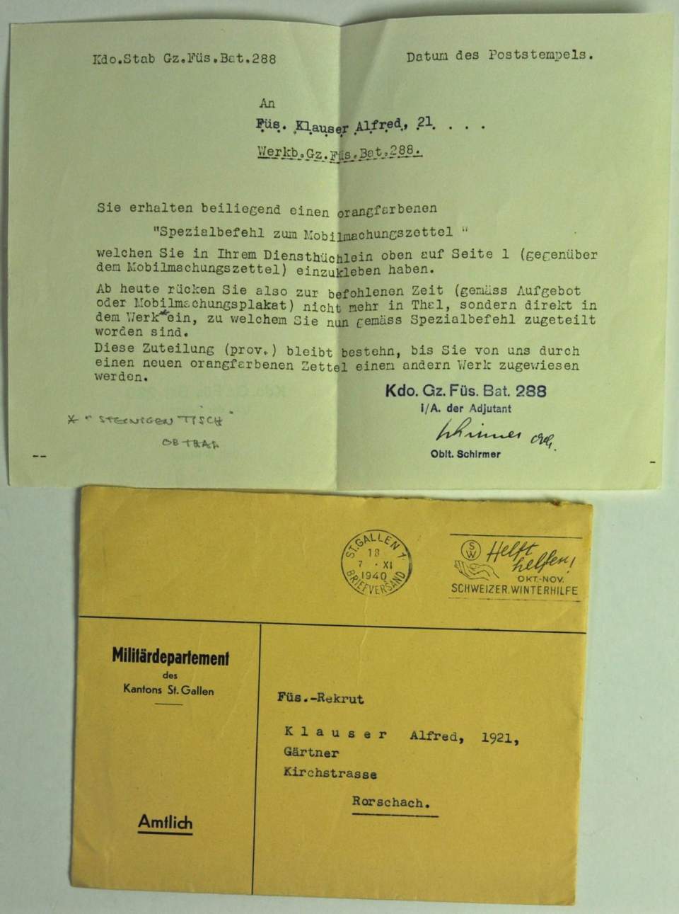 Amtlicher Brief des Militärdepartement, Kt. SG an Fredy Klauser , Mobilmachung 2. Weltkrieg (18.7.1940)