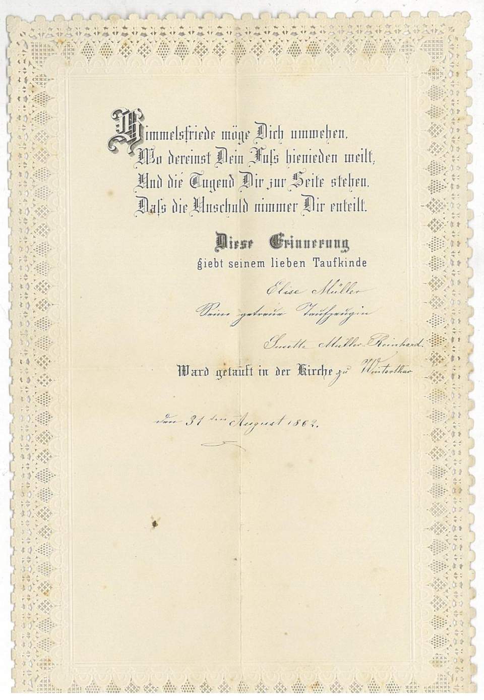 Taufbrief für Elise Müller, 31.August 1862