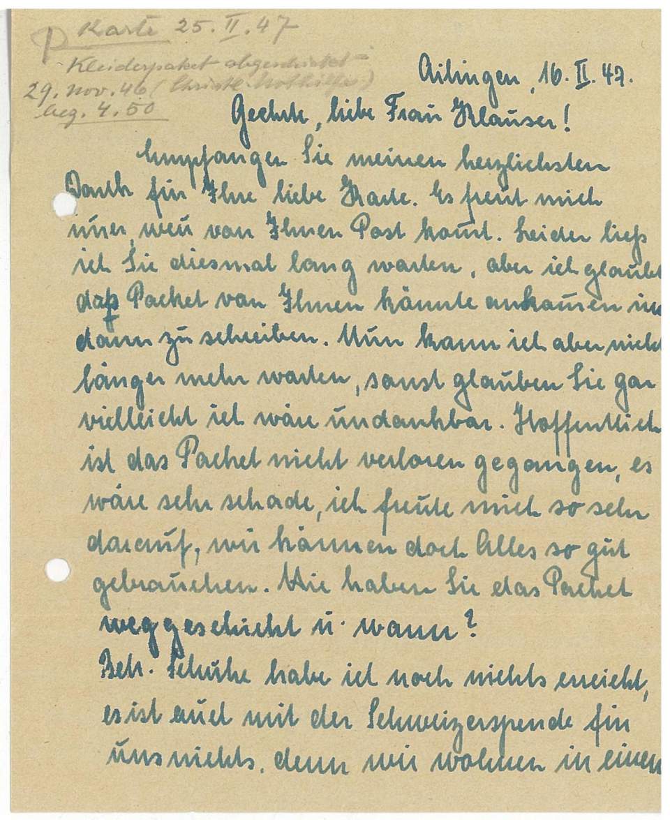 Briefe und Fotos von Fam. Müller, Ailingen (D) an Fam. Klauser (Rorschach), 1946-49