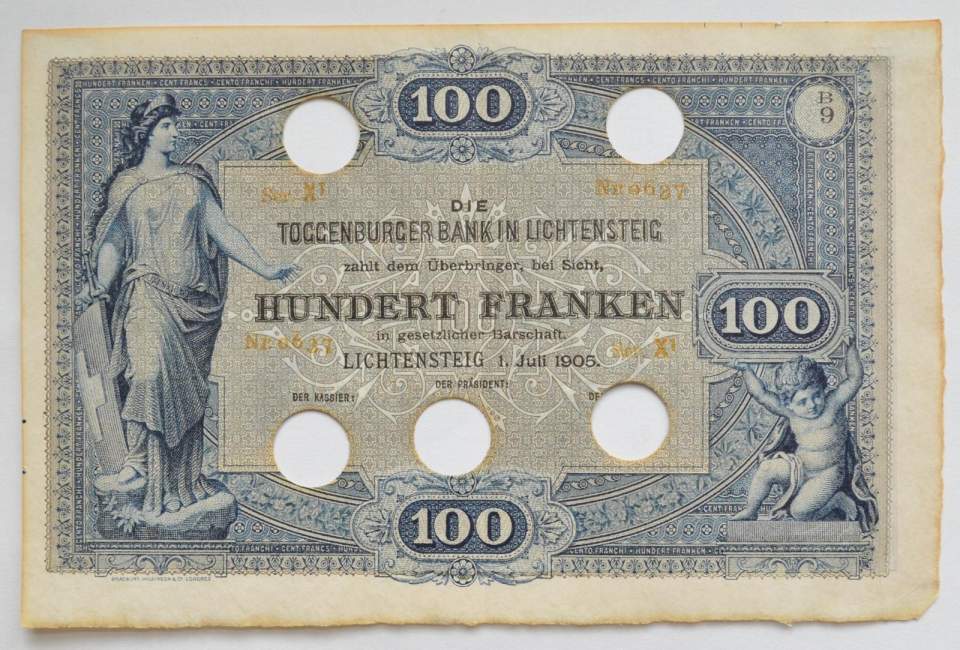 8 Banknoten der Schweizerischen Nationalbank 1899 bis 1949 und Wechsel der Toggenburger Bank in Lichtensteig
