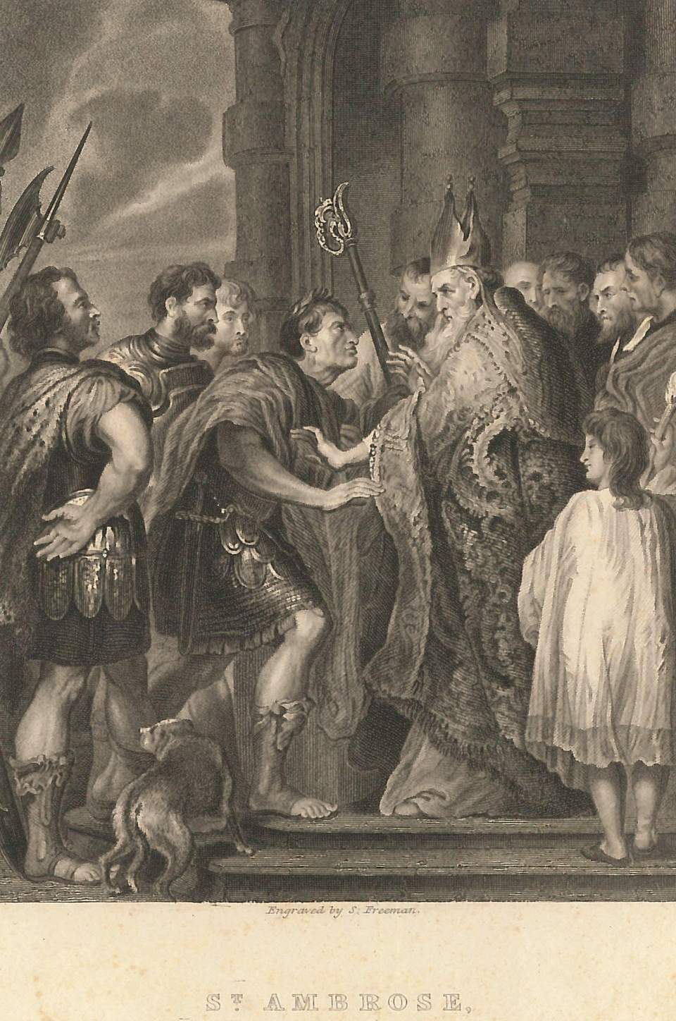 Stich, St. Ambrosius (Mailand) verweigert dem Kaiser Theodosius den Eintritt in die Kirche