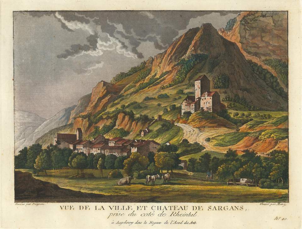 Grafik, Ansicht Stadt und Schloss Sargans