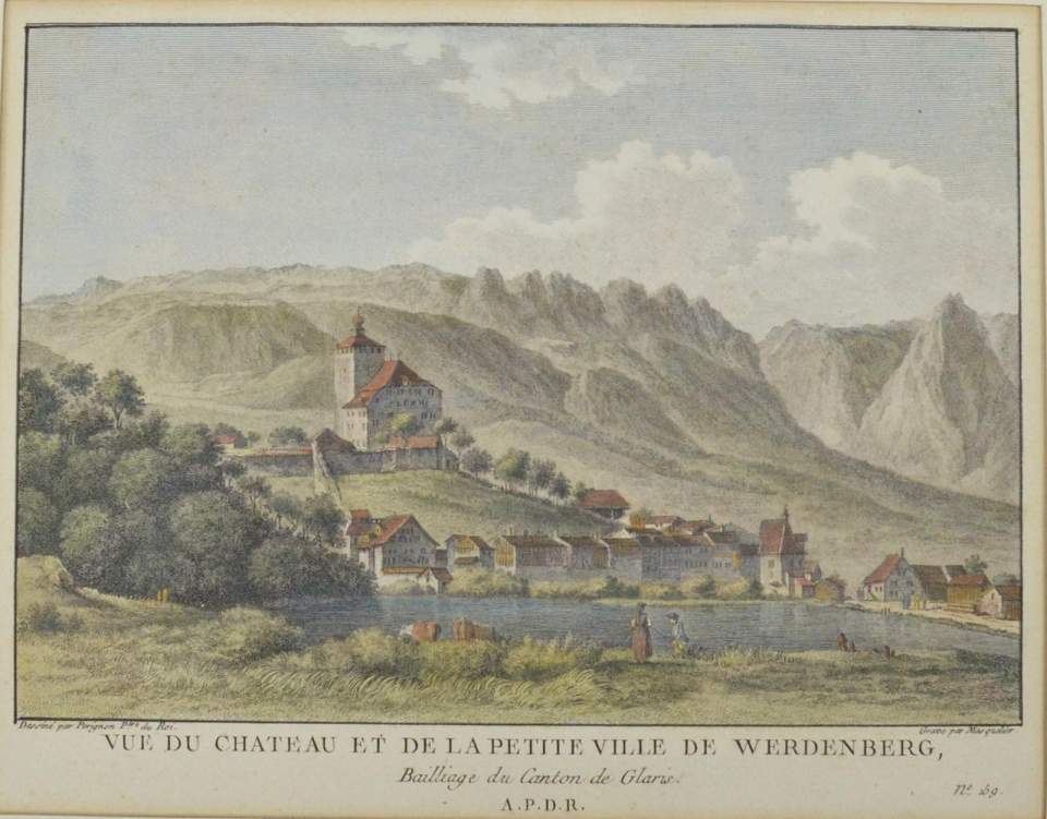 Grafik, Ansicht Stadt und Schloss Werdenberg