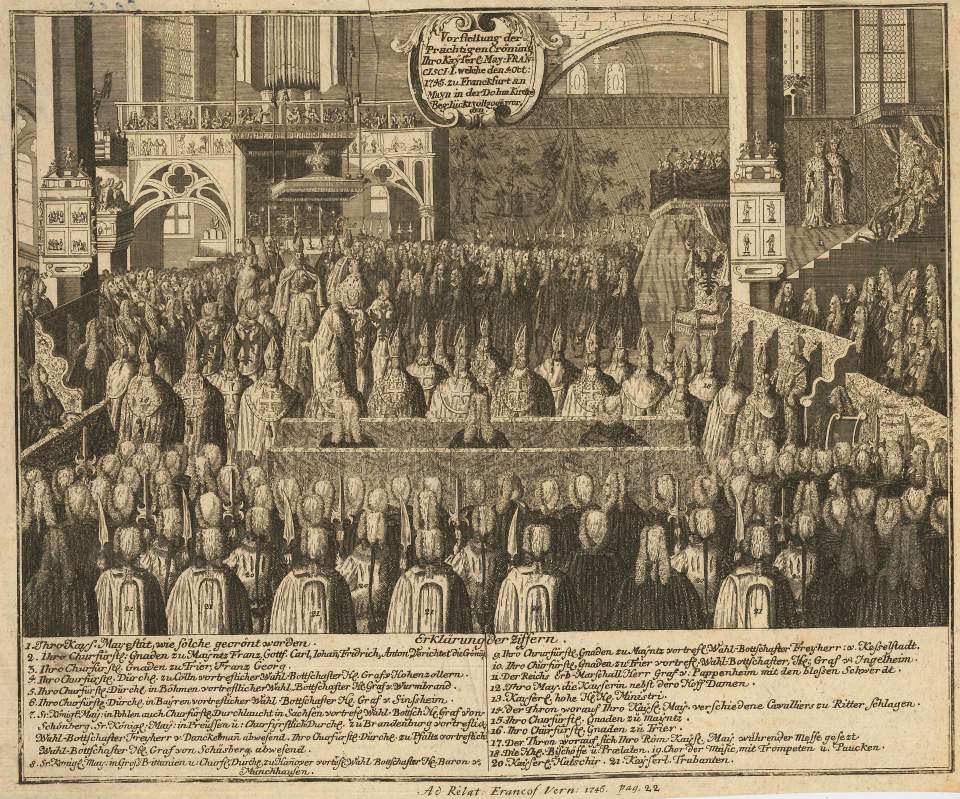 Krönung Kaiser Franz I. am 4. Okt. 1745 in Frankfurt a. M. mit Namenlegende