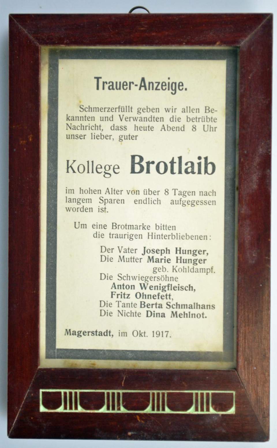 Satirische Traueranzeige für Kollege Brotlaib; 1917
