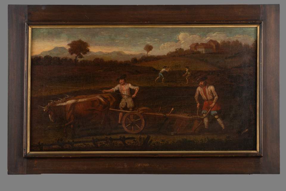 Älteste Bilderfolge zur Verarbeitung von Flachs zu Leinen, Leinwandzyklus (11 Bilder), Bild 1: Acker vorbereiten (pflügen - hacken)