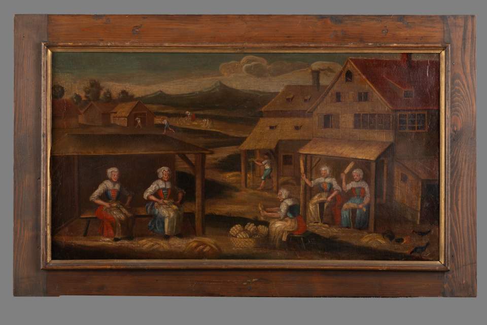 Älteste Bilderfolge zur Verarbeitung von Flachs zu Leinen, Leinwandzyklus (11 Bilder), Bild 3: Ernten - Riffeln - Brechen - Hecheln