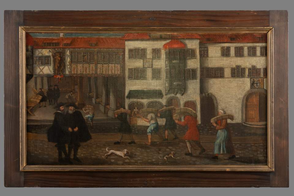 Älteste Bilderfolge zur Verarbeitung von Flachs zu Leinen, Leinwandzyklus (11 Bilder), Bild 6: Rohleinwandschau