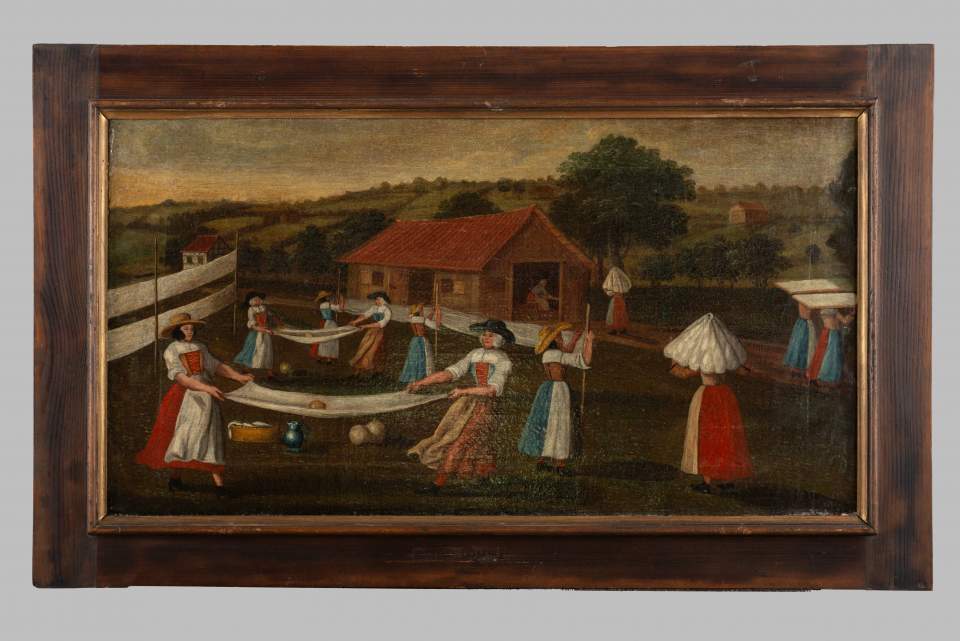 Älteste Bilderfolge zur Verarbeitung von Flachs zu Leinen, Leinwandzyklus (11 Bilder), Bild 9 Stauchentröcknerinnen - Strecken