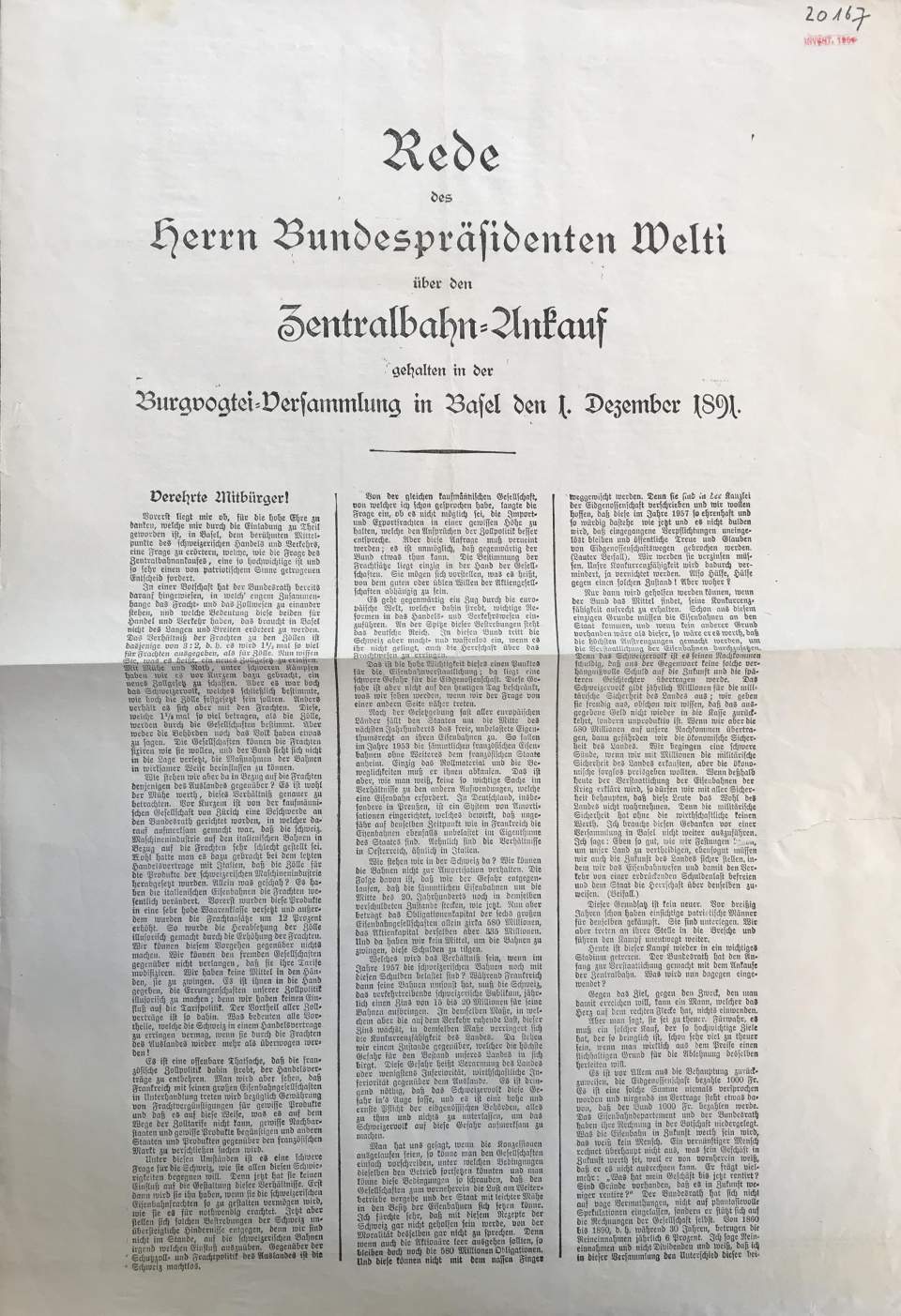 Druck, Rede von Bundespräsident Welti, Zentralbahn Ankauf der Zentralbahn 1891