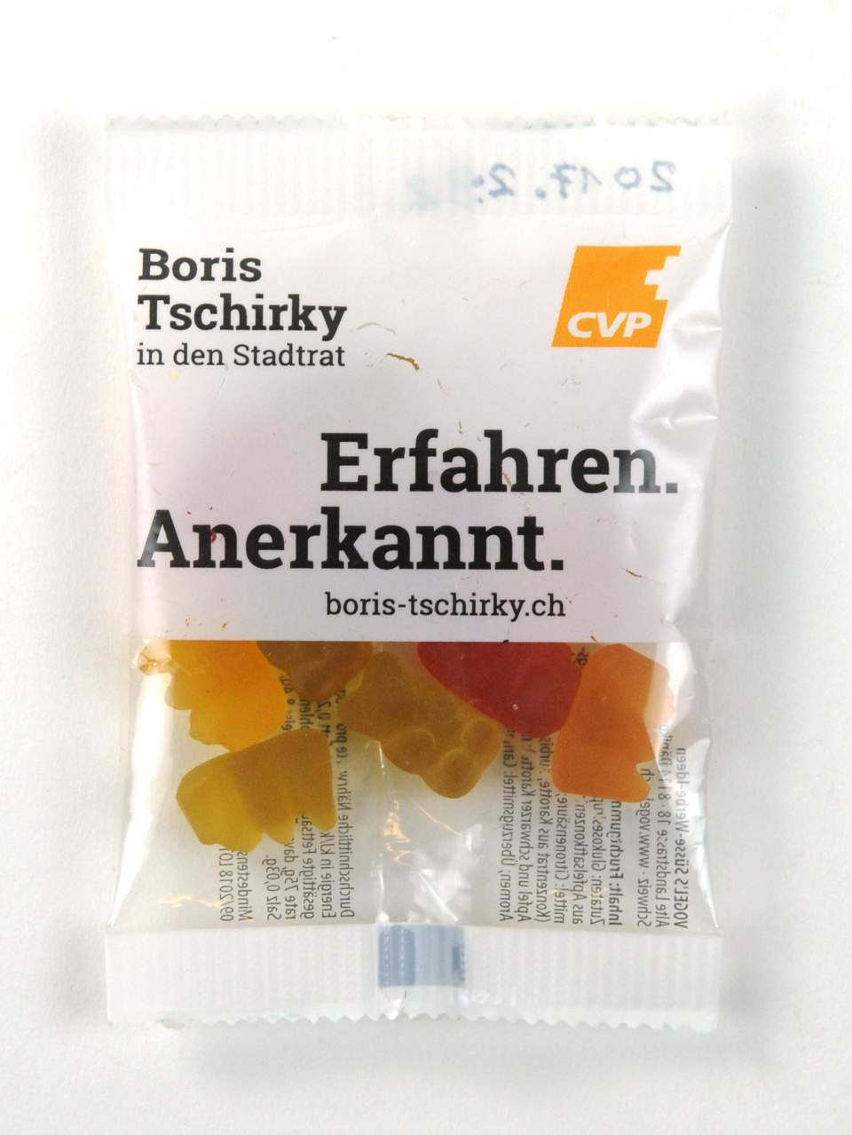 Werbegeschenk der CVP, Stadtratswahlen 2017, Boris Tschirky