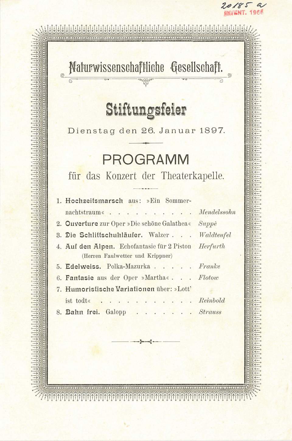 78. Stiftungsfest Naturwissenschaftliche Gesellschaft, Programm f. d. Konzert 3. Stiftungsfeier, 26.1.1897