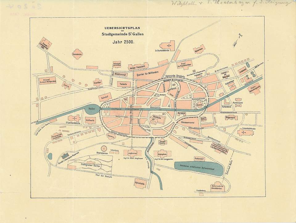 Druck, Witzblatt Übersichtsplan der Stadt St. Gallen im Jahr 2500