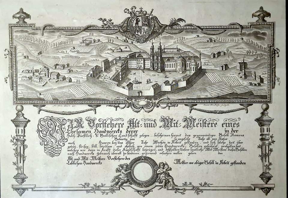 Gesellenbrief Kloster St.Gallen, Ansicht Kloster mit Bleichen