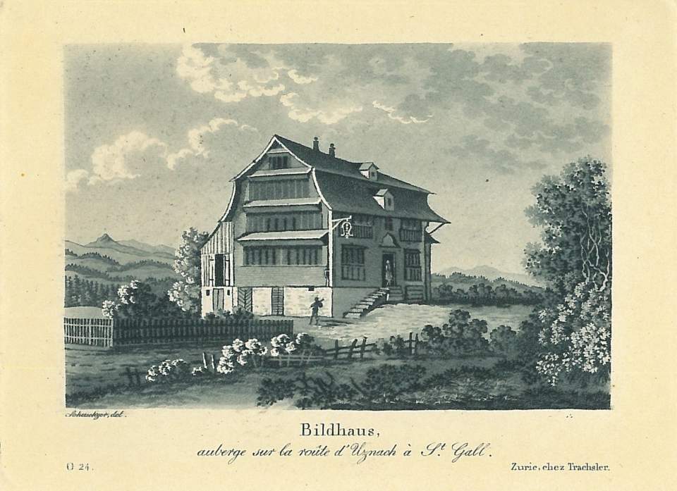 Lithografie, Ansicht des Bildhaus an der Strasse von Uznach nach St. Gallen